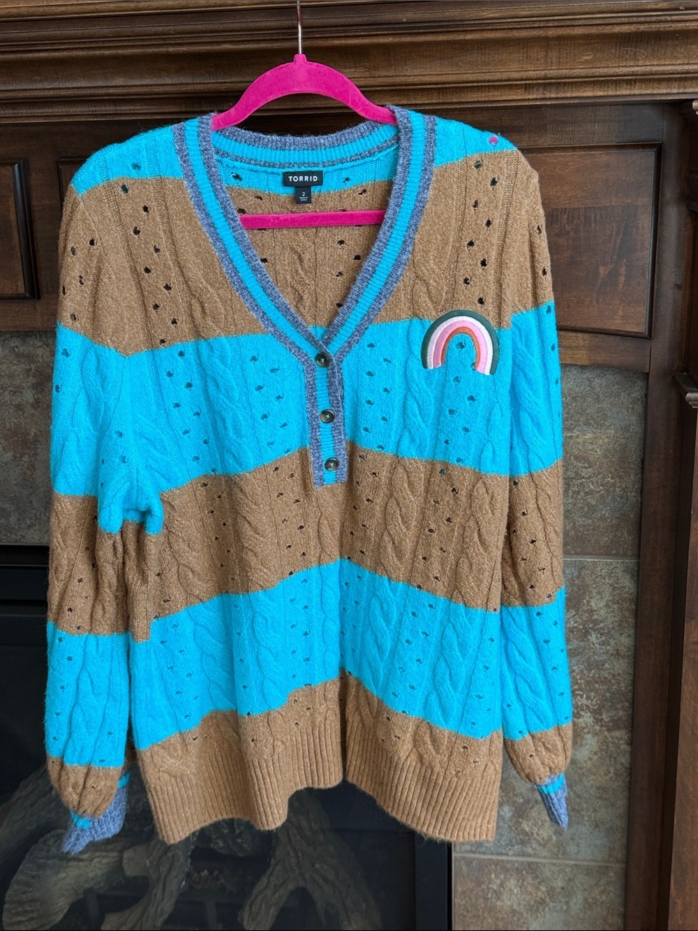 Torrid Turquoise & Brown Striped V-Neck Cable Sweater Rainbow Patch soft 2X